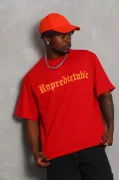 Unisex Oversize Baskılı Bisiklet Yaka T-Shirt - Kırmızı