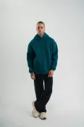 Unisex Uzun Kol Kapşonlu Yıkamalı Nakışlı SweatShirt - Koyu Deniz Yeşili