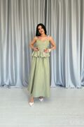 Yeşil Beli Büzgülü İnci Askılı Uzun Elbise
