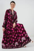 2423 Otantik Desenli Tesettür Elbise - Bordo - Fuşya