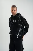 Double Oversize Kapşonlu Şimşek Pano Baskılı SweatShirt - Siyah