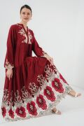 2423 Otantik Desenli Tesettür Elbise - C. Bordo