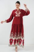 2423 Otantik Desenli Tesettür Elbise - C. Bordo