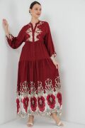 2423 Otantik Desenli Tesettür Elbise - C. Bordo