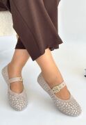 Olise Bej Boncuk İşlemeli Babet Ayakkabı
