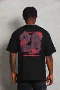 Unisex Oversize Baskılı Bisiklet Yaka T-Shirt - Siyah