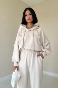 Bej Kapüşonlu Sweatshirt Ve Kargo Pantolon Takım