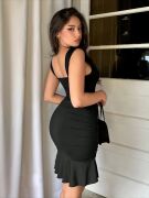 Kadın Askılı Derin V Dekolteli Fırfırlı Janjan Krep Elbise