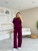 Kadın Modal Kumaş V Yaka Tişört Ve Bol Kesim Pantolon Ikili Takım
