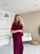 Kadın Modal Kumaş V Yaka Tişört Ve Bol Kesim Pantolon Ikili Takım