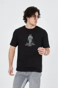 Erkek Penye Baskılı T-Shirt - Siyah