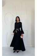 Haki Balon Kollu Kuşaklı Elbise