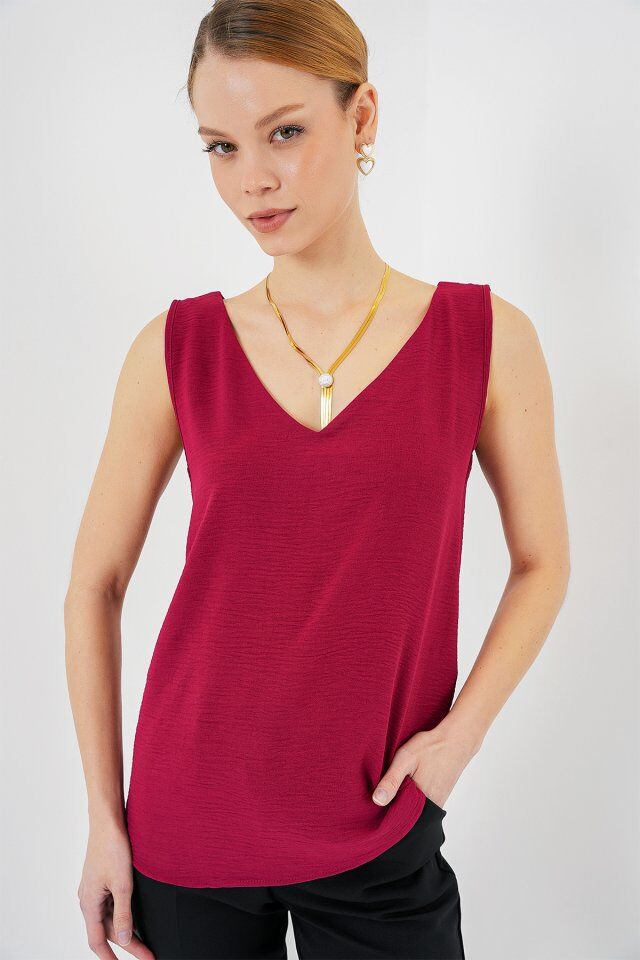 V Yaka Sıfır Kol Bluz 950 - Bordo