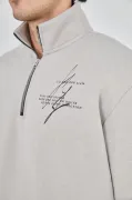 Erkek Yarım Fermuarlı Baskılı Sweat - Boyalı Gri