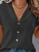 Kadın Kısa Kollu Derin V Yakalı Düğmeli Ithal Keten Bluz