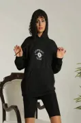 Unisex Kapüşonlu Üç İplik Oversize Baskılı Sweatshirt - Siyah