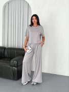 Osy Modal Yumuşak Dokulu Kumaş Bisiklet Yaka T-shirt  Bol Paça Pantalon Ikili Takım - Boyalı Gri