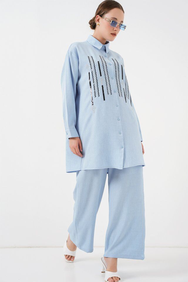 Desenli Tunik Pantolon İkili Takım 6720 - Mavi