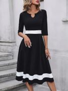 Kadın Fakir Kol Yakası Açık Blok Renkli Krep Midi Elbise