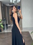 Kadın Askılı V Yakalı Yırtmaçlı Viskon Elbise