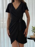 Kadın Kısa Kollu Kruvaze Yakalı Belden Bağlamalı Ithal Krep Elbise