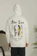 Erkek Sırt Baskılı Oversize Üç İplik Kapüşonlu Sweatshirt - Beyaz