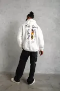 Erkek Sırt Baskılı Oversize Üç İplik Kapüşonlu Sweatshirt - Beyaz