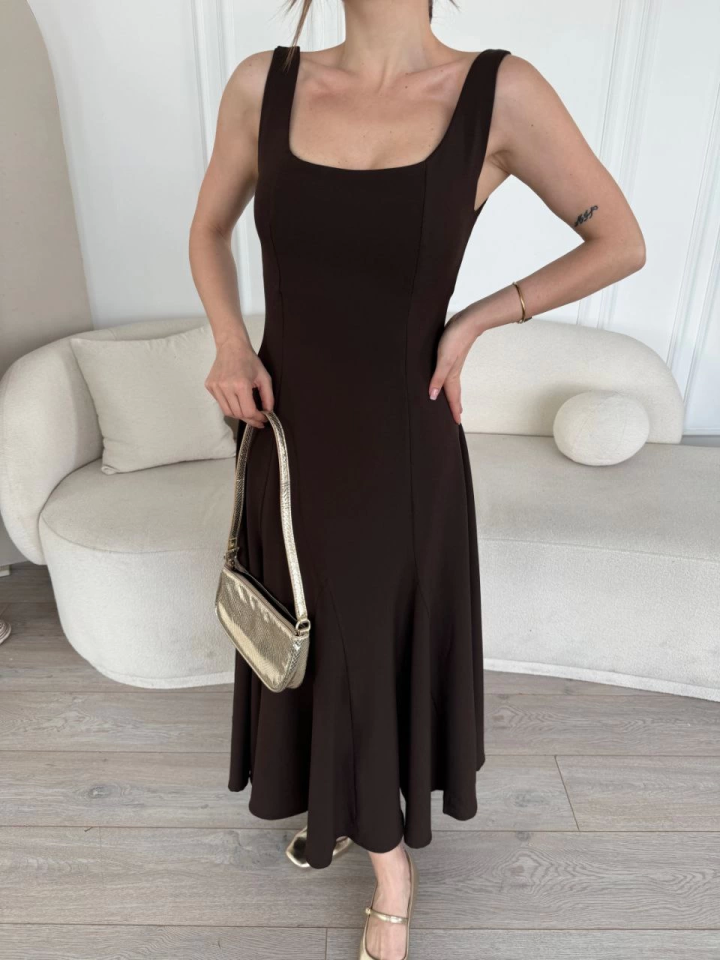 Sırt Dekolteli Kolsuz Uzun Elbise - Kahverengi