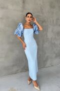 Bebe Mavi İşlemeli Kolu Garnili Elbise