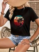 Kadın Kısa Kollu Palmiye Baskılı Viskon T-shirt