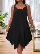 Kadın Askılı Yuvarlak Asimetrik Kesim Detaylı Viskon Elbise