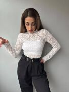 Kadın Likralı Dantel Transparan Uzun Kol Crop Bluz