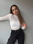 Kadın Likralı Dantel Transparan Uzun Kol Crop Bluz