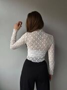 Kadın Likralı Dantel Transparan Uzun Kol Crop Bluz