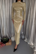 PARLAK KUMAŞ DRAPE DETAYLI UZUN ELBİSE - Sarı
