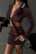 SİMLİ KUMAŞ BAĞLAMA DETAYLI CROP BLUZ -  KISA BÜZGÜ DETAYLI ETEK - Bordo