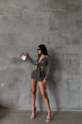 SİMLİ KUMAŞ BAĞLAMA DETAYLI CROP BLUZ -  KISA BÜZGÜ DETAYLI ETEK - Gri