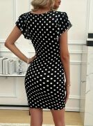 Kadın Kısa Kollu Kruvaze Yakalı örme Puantiyeli Krep Elbise