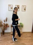 Kadın Uzun Kollu Tek Omuzu Açık Viskon Bluz Içi Atletli Ve Yandan şeritli üçlü Viskon Ikili Takım