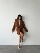 DÜĞME DETAYLI ETEK - CROP CEKET TAKIM - Kahverengi
