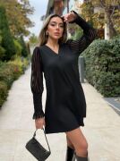 Kadın Uzun Kollu V Yakalı Kolları Tül Detay Kısa Krep Elbise