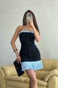 STRAPLEZ POLVİSKON ELBİSE MAVİ FIRFIR DETAYLI - Siyah