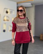 Kadın üç Iplik şardonlu Kumaş Leopar Desenli Bluz