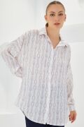 Pudra Beyaz Desenli Oversize Saten Gömlek 3985