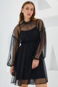 Siyah Tül Detaylı Mini Elbise 2485