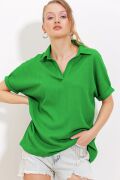 Yeşil Oversize Polo Yaka Örme Bluz 0486