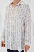 Bej Beyaz Desenli Oversize Saten Gömlek 3985