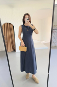 Keten Uzun Kolsuz Elbise- Mavi