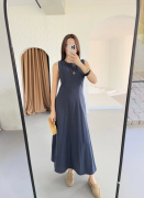 Keten Uzun Kolsuz Elbise- Mavi