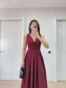 V Yaka Uzun Kolsuz Elbise- Bordo